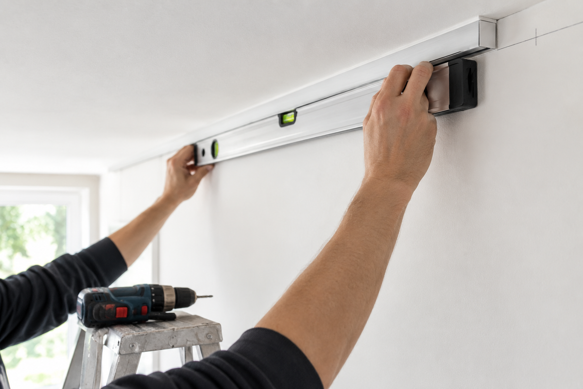 Mains tenant un niveau à bulle contre un rail de cimaise en cours de fixation à la jonction mur-plafond