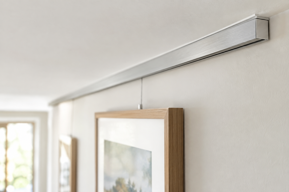 Gros plan sur un rail de cimaise en aluminium brossé fixé à la jonction mur-plafond, finition nette et discrète